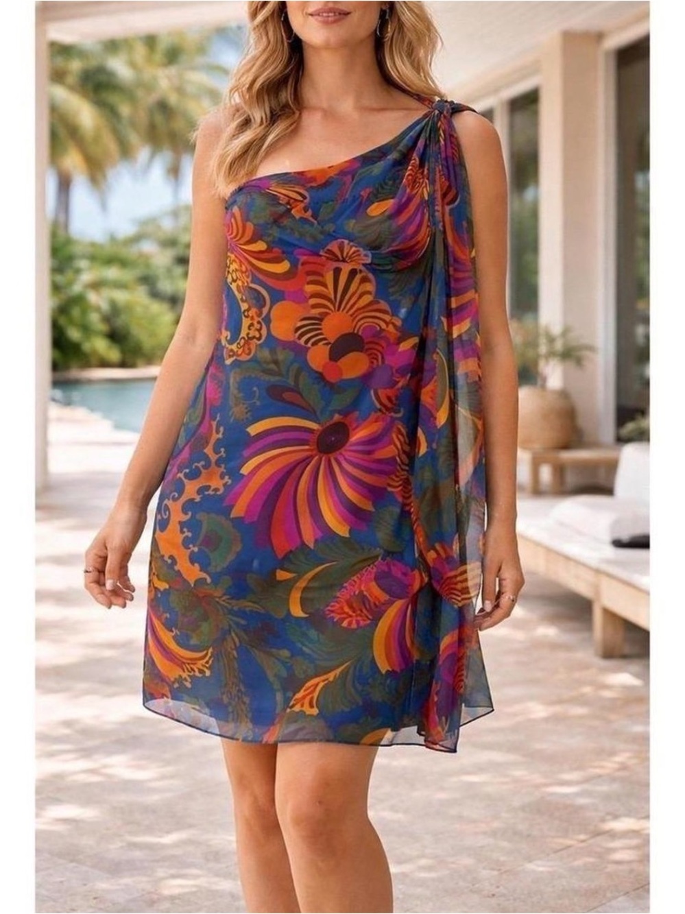 Banana Republic /Trina Turk One-Shoulder Floral Shift Dress - Blue & Multicolor